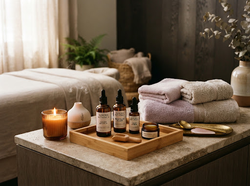 Detalles de aromaterapia, aceites naturales y toallas de algodón